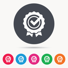 Award medal icon. Winner emblem with tick symbol. Colored circle buttons with flat web icon. Vector