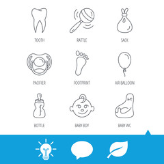 Pacifier, baby boy and bottle icons. Tooth, footprint and wc toilet linear signs. Rattle, air balloon and sack flat line icons. Light bulb, speech bubble and leaf web icons. Vector