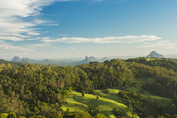 View of Mount Beerwah and countryside in the Glass House Mountains, Sunshine Coast.