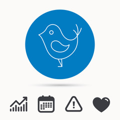 Bird with beak icon. Cute small fowl symbol. Social media concept sign. Calendar, attention sign and growth chart. Button with web icon. Vector
