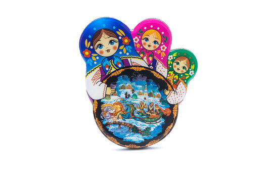 Souvenir fridge magnet - Russian beauty girls in traditional clothes with tray russian style painting