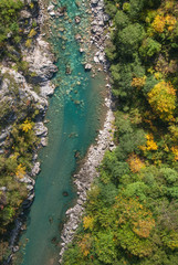 Aerial view of turquoise mountain river surrounded with autumn colored forest