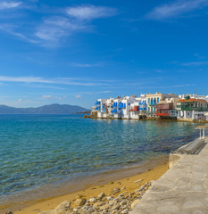 The picturesque Little Venice in Mykonos, Cyclades, Greece.