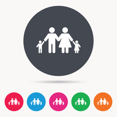 Family icon. Father, mother and child symbol. Colored circle buttons with flat web icon. Vector