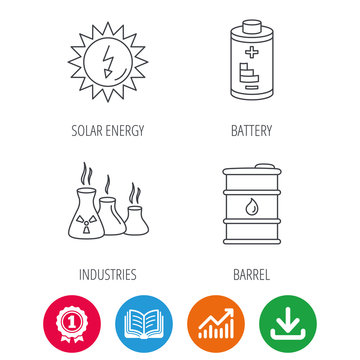 Solar energy, battery and oil barrel icons. Industries linear sign. Award medal, growth chart and opened book web icons. Download arrow. Vector