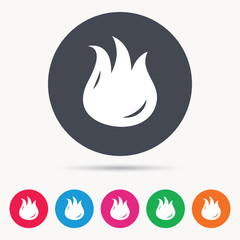 Fire icon. Blazing bonfire flame symbol. Colored circle buttons with flat web icon. Vector
