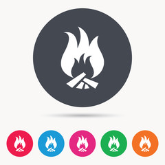 Fire icon. Blazing bonfire flame symbol. Colored circle buttons with flat web icon. Vector