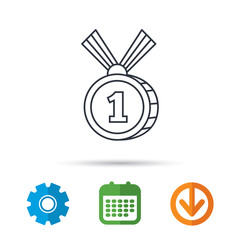 Gold medal award icon. First place sign. Winner symbol. Calendar, cogwheel and download arrow signs. Colored flat web icons. Vector