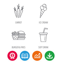 Hamburger, carrot and soft drink icons. Ice cream linear sign. Award medal, growth chart and opened book web icons. Download arrow. Vector