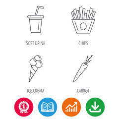 Chips fries, ice cream and soft drink icons. Carrot linear sign. Award medal, growth chart and opened book web icons. Download arrow. Vector