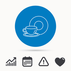 Coffee cup icon. Food and drink sign. Calendar, attention sign and growth chart. Button with web icon. Vector