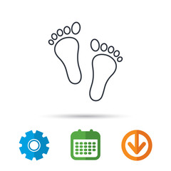 Baby footprints icon. Child feet sign. Newborn steps symbol. Calendar, cogwheel and download arrow signs. Colored flat web icons. Vector