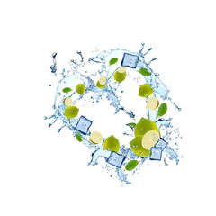 Fototapeta premium Splash with lime isolated on white background. Abstract water with fresh fruits. 