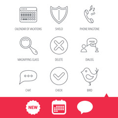 Phone ringtone, chat speech bubble icons. Shield, dialog and magnifier linear signs. Bird, calendar of vacations icons. New tag, speech bubble and calendar web icons. Vector
