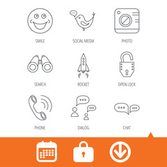 Phone call, chat speech bubble and photo camera icons. Social media, smile and rocket linear signs. Download arrow, locker and calendar web icons. Vector