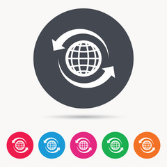 Globe icon. World or internet symbol. Colored circle buttons with flat web icon. Vector
