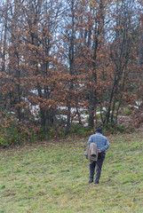 Old man walking up the hill towards the forest with hands on his back. Lifetime concept