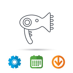 Hairdryer icon. Electronic blowdryer sign. Hairdresser equipment symbol. Calendar, cogwheel and download arrow signs. Colored flat web icons. Vector