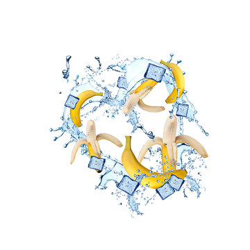Splash with banana isolated on white background. Abstract water with fresh fruits. 