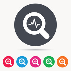 Heartbeat in magnifying glass icon. Cardiology symbol. Medical pressure sign. Colored circle buttons with flat web icon. Vector
