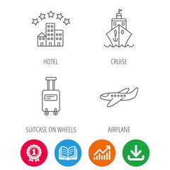 Hotel, cruise ship and airplane icons. Baggage linear sign. Award medal, growth chart and opened book web icons. Download arrow. Vector