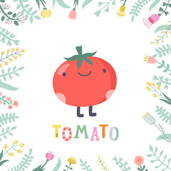 Cute cartoon tomato illustration with flowers and lettering.