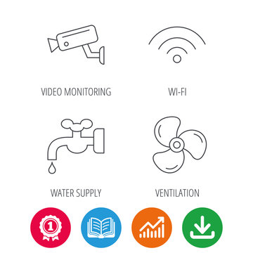 Wifi, video camera and ventilation icons. Water supply linear sign. Award medal, growth chart and opened book web icons. Download arrow. Vector