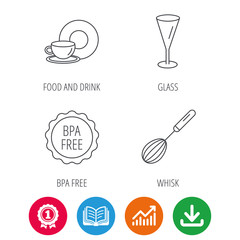 Food and drink, glass and whisk icons. BPA free linear sign. Award medal, growth chart and opened book web icons. Download arrow. Vector