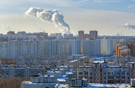 Aerial view of the modern and old residential districts in city of Balashikha. Moscow region, Russia 