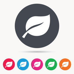 Leaf icon. Fresh organic product symbol. Colored circle buttons with flat web icon. Vector