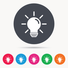 Light bulb icon. Lamp sign. Illumination technology symbol. Colored circle buttons with flat web icon. Vector