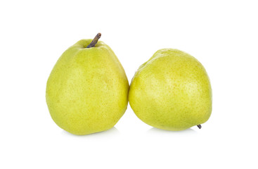fresh green pear with stem on white background