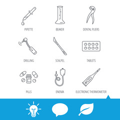Thermometer, pills and dental pliers icons. Tablets, drilling tool and beaker linear signs. Enema, scalpel and pipette drop flat line icons. Light bulb, speech bubble and leaf web icons. Vector