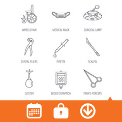 Medical mask, scalpel and dental pliers icons. Pipette, surgical lamp and wheelchair linear signs. Blood donation, clyster and drop flat line icons. Download arrow, locker and calendar web icons