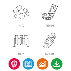 Broken foot, bacteria and medical pills icons. Lab bulbs linear sign. Award medal, growth chart and opened book web icons. Download arrow. Vector