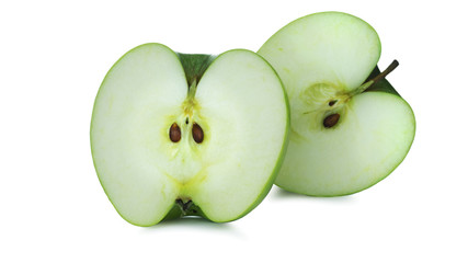 Green Apple two slices on a white background.