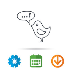 Bird with speech bubble icon. Chat talk sign. Cute small fowl symbol. Calendar, cogwheel and download arrow signs. Colored flat web icons. Vector