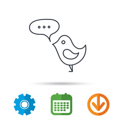 Bird with speech bubble icon. Chat talk sign. Cute small fowl symbol. Calendar, cogwheel and download arrow signs. Colored flat web icons. Vector