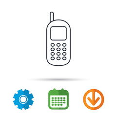 Mobile phone icon. Cellphone with antenna sign. Calendar, cogwheel and download arrow signs. Colored flat web icons. Vector