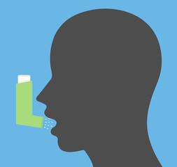Head with open mouth and inhaler spray
