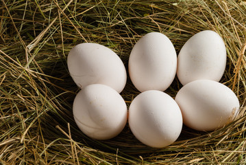 Chicken eggs in the straw. Wooden rustic background.
