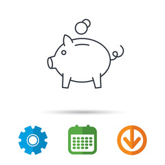 Piggy bank icon. Money economy sign. Financial investment symbol. Calendar, cogwheel and download arrow signs. Colored flat web icons. Vector