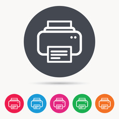 Printer icon. Print documents technology symbol. Colored circle buttons with flat web icon. Vector