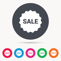 Sale icon. Special offer star symbol. Colored circle buttons with flat web icon. Vector