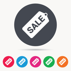 Sale coupon icon. Special offer tag symbol. Colored circle buttons with flat web icon. Vector