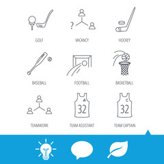 Football, ice hockey and baseball icons. Basketball, team assistant and captain linear signs. Teamwork, vacancy and golf icons. Light bulb, speech bubble and leaf web icons. Vector