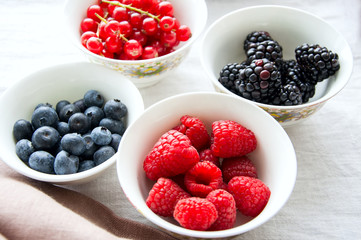 Mix of fresh berries. Raspberry, red currant, blackberries, blub