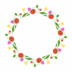 Round frame of flowers and strawberries. Simple spring decoration of the plant elements in a flat style. Berries and tulips.