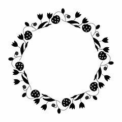 Round frame with black silhouettes of strawberries and flowers. Simple spring decoration of the plant elements in a flat style. Berries and tulips.