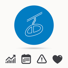 Teleferic icon. Telpher cable-railway sign. Calendar, attention sign and growth chart. Button with web icon. Vector